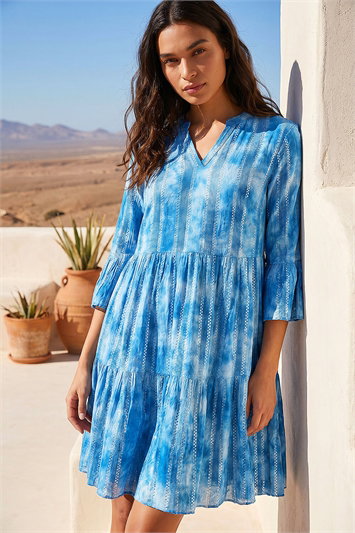 Blue Tie Dye Print Shimmer Smock Dress