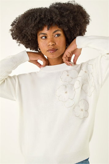 White Floral Sparkly Knit Jumper