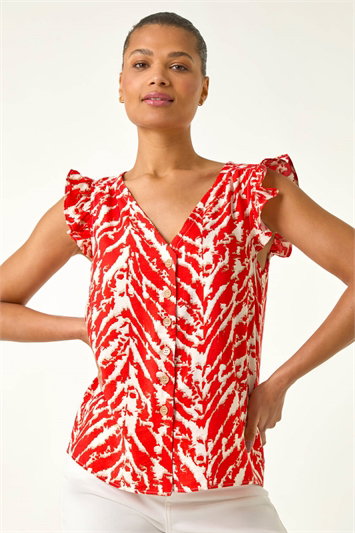 Red Printed Frill Sleeve Button Up Blouse