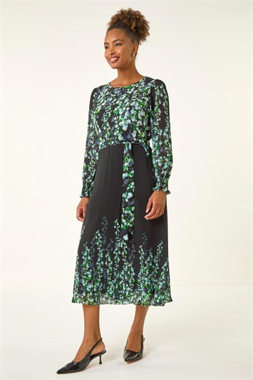 Floral Border Belted Midi Dress 14811209