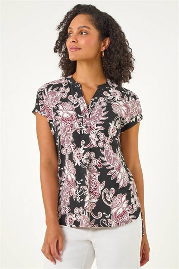 Black Floral Puff Print Lace Stretch Top