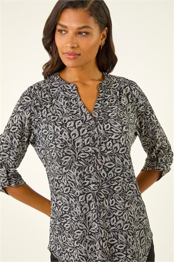 Black Printed V-Neck Stretch Top