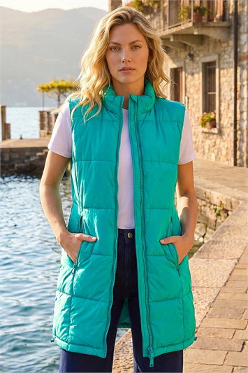 Blue Quilted Zip Detail Longline Gilet