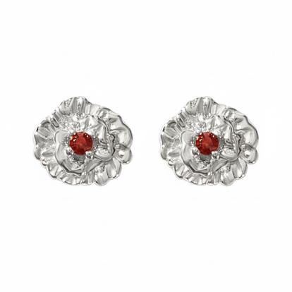 Metallic Garnet January Birthstone Carnation Birthflower Stud Earrings