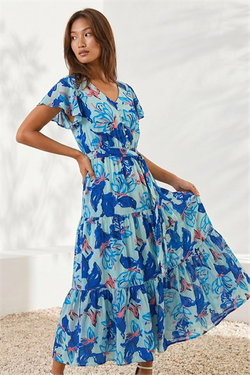 Blue Floral Tiered Tie Waist Dress
