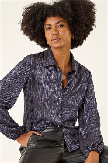 Blue Foil Plisse Button Through Blouse