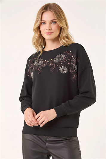 Black Floral Embroidered Sweatshirt