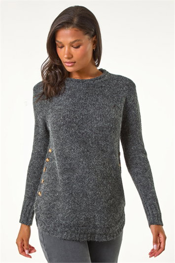 Black Button Detail Curved Hem Jumper