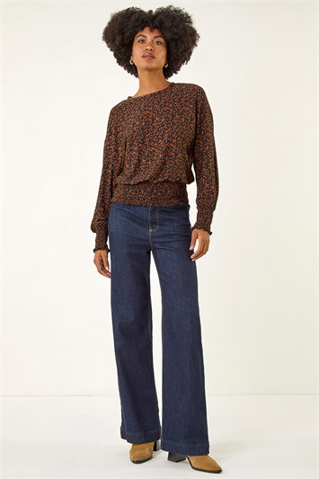 Black Abstract Print Shirred Top