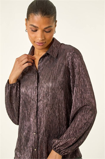 Red Foil Plisse Button Up Blouse