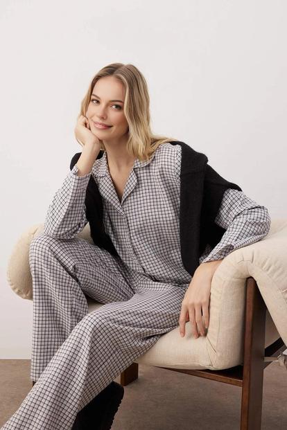 Multi Grid Check Revere Collar Long Sleeve Cotton Flannel Woven Pyjama Set
