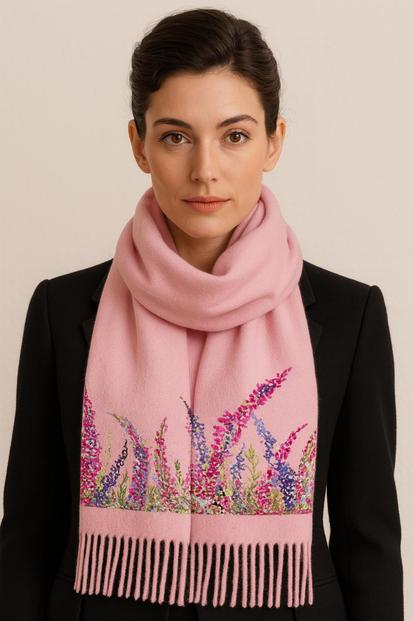 Pink Cashmere Feel Luxury Scarf Handprinted With Heather - Pink