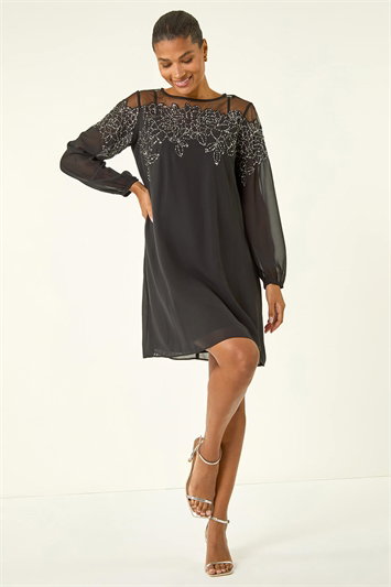 Black Sequin Mesh Neck Sequin Dress