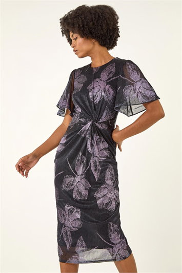 Blue Foil Print Twist Front Stretch Midi Dress