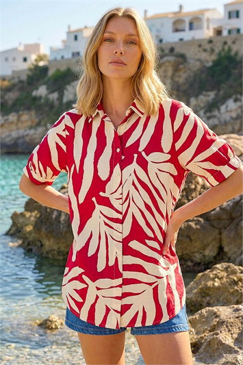 Red Abstract Print Collared Shirt