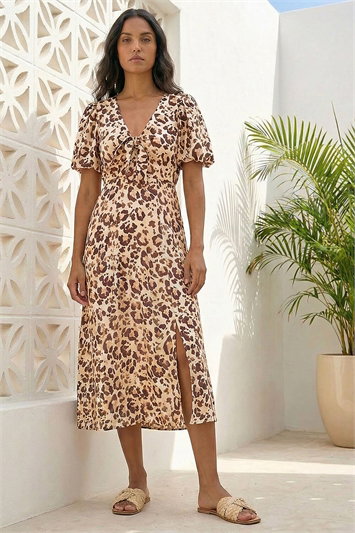 Cream Animal Print Tie Front Midi Dress