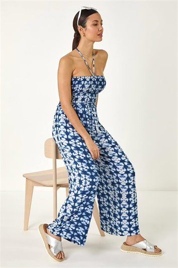 Blue Abstract Shirred Bardot Jumpsuit