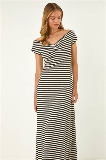 Black Stripe Bardot Knit Midi Stretch Dress