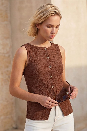 Brown Buttoned Stretch Blouse
