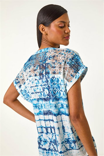 Blue Burnout Print Lace Shoulder Top
