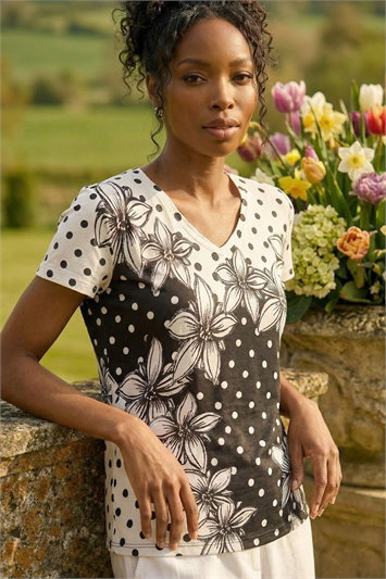 Black Polka Dot Floral Knit Top