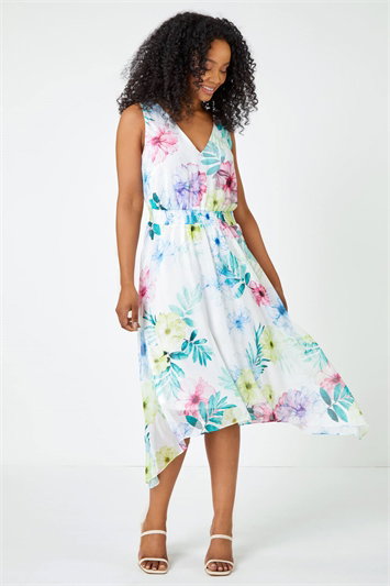 Petite Floral Print Shirred Asymmetric Dress 14409794