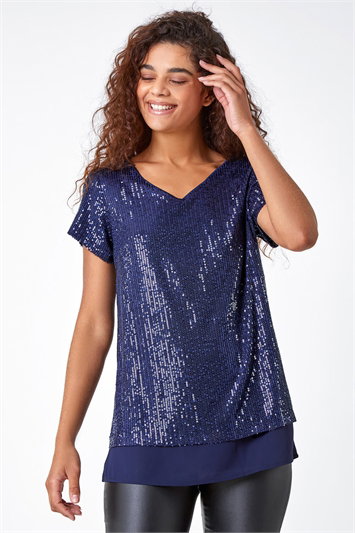Blue V-Neck Sequin Contrast Hem Tunic Stretch Top