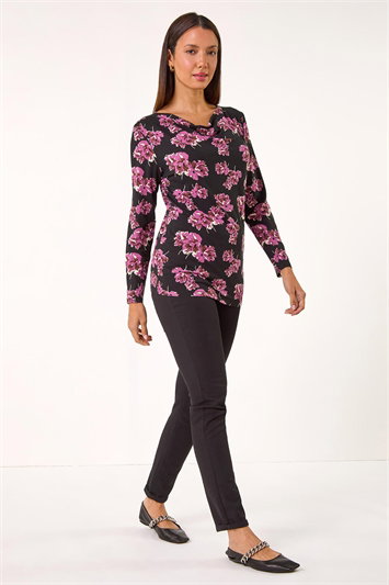Purple Floral Print Cowl Neck Top