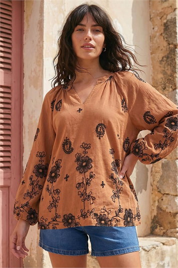 Brown Floral Embroidered Top