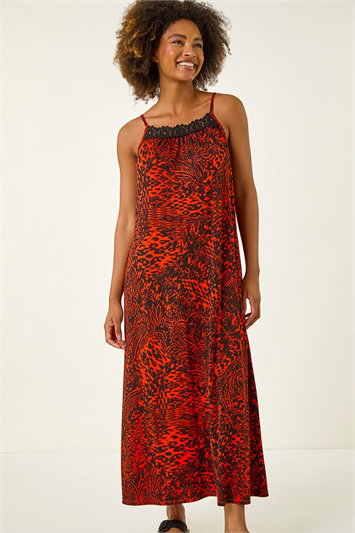 Red Abstract Print Trim Detail Midi Dress