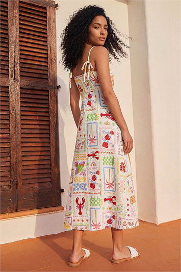 Postcard Print Strappy Ric Rac Midi Dress 14917838