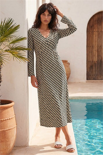 Green Geometric V-Neck Midi Dress