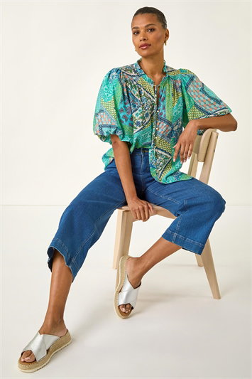 Blue Patchwork Print Tie Front Blouse