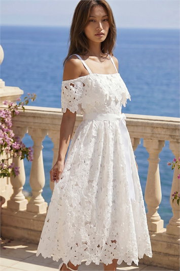 Crochet Lace Bardot Midi Dress 14889938