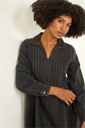 Black Cotton Blend Denim Shirt Dress
