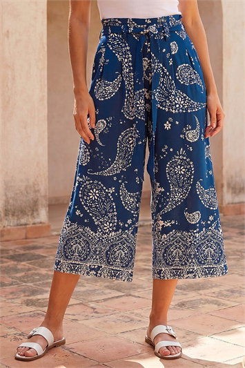 Blue Paisley Print Wide Leg Cropped Trousers