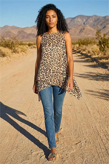 Cream Animal Print Wrap Hem Tunic Top