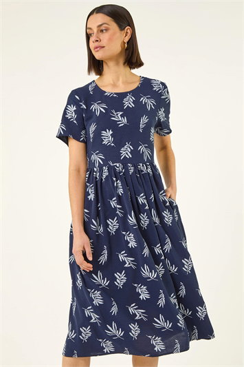 Leaf Print Smock Midi Dress 14899660