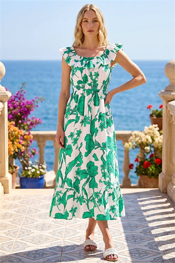 Green Floral Print Frill Shirred Midi Dress