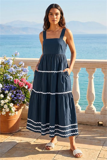 Blue Ric Rac Tiered Midi Dress