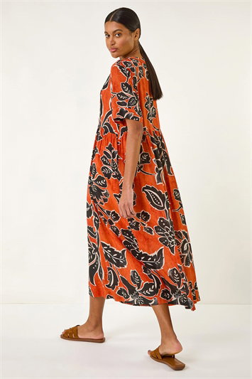 Red Leaf Print Tie Front Midi Dress
