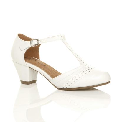 Black Mid Heel Comfort T-Bar Brogue Heels
