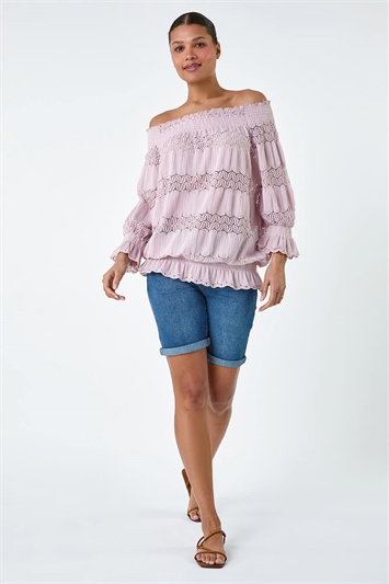 Pink Lace Insert Frill Bardot Top