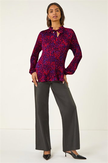 Animal Print Tie Neck Pleated Top 20227578