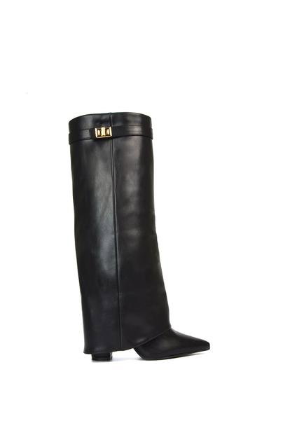 Black 'Rayna' Block Heel Knee High Foldover Boots With Pointed Toe