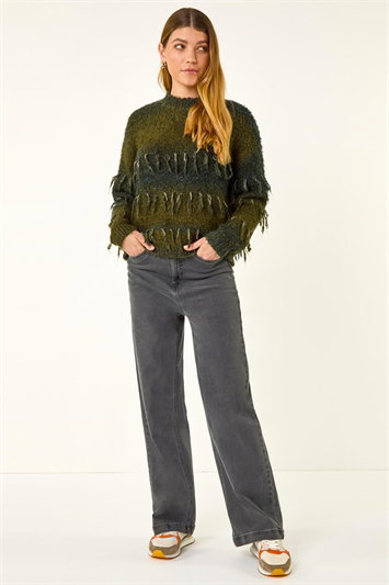 Green Tassel Stripe Crew Neck Jumper