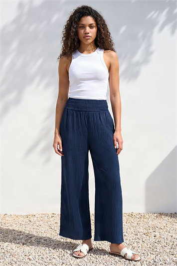 Blue Petite Shirred Waist Trouser