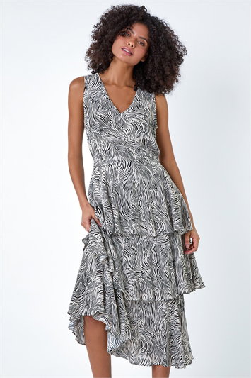 Abstract Zebra Print Tiered Midi Dress 14239394