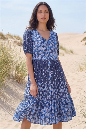 Floral Cotton Blend Tiered Smock Dress 14498560