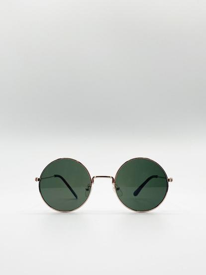 Green Classic Metal Round Sunglasses With Green Tinted Lenses